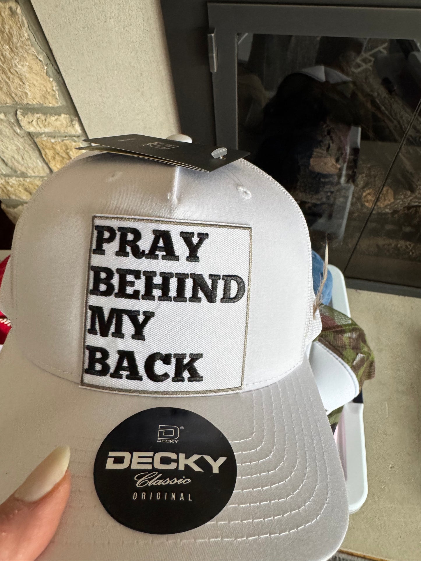 White Baseball Hat with Pray behind my back/ feather