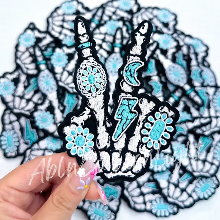 Big Turquoise Jewelry Skeleton Hand Hat Patche