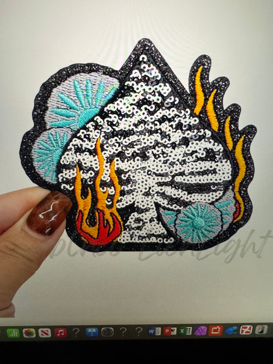 Flaming Zebra Spade Retro Western Sequin Patch