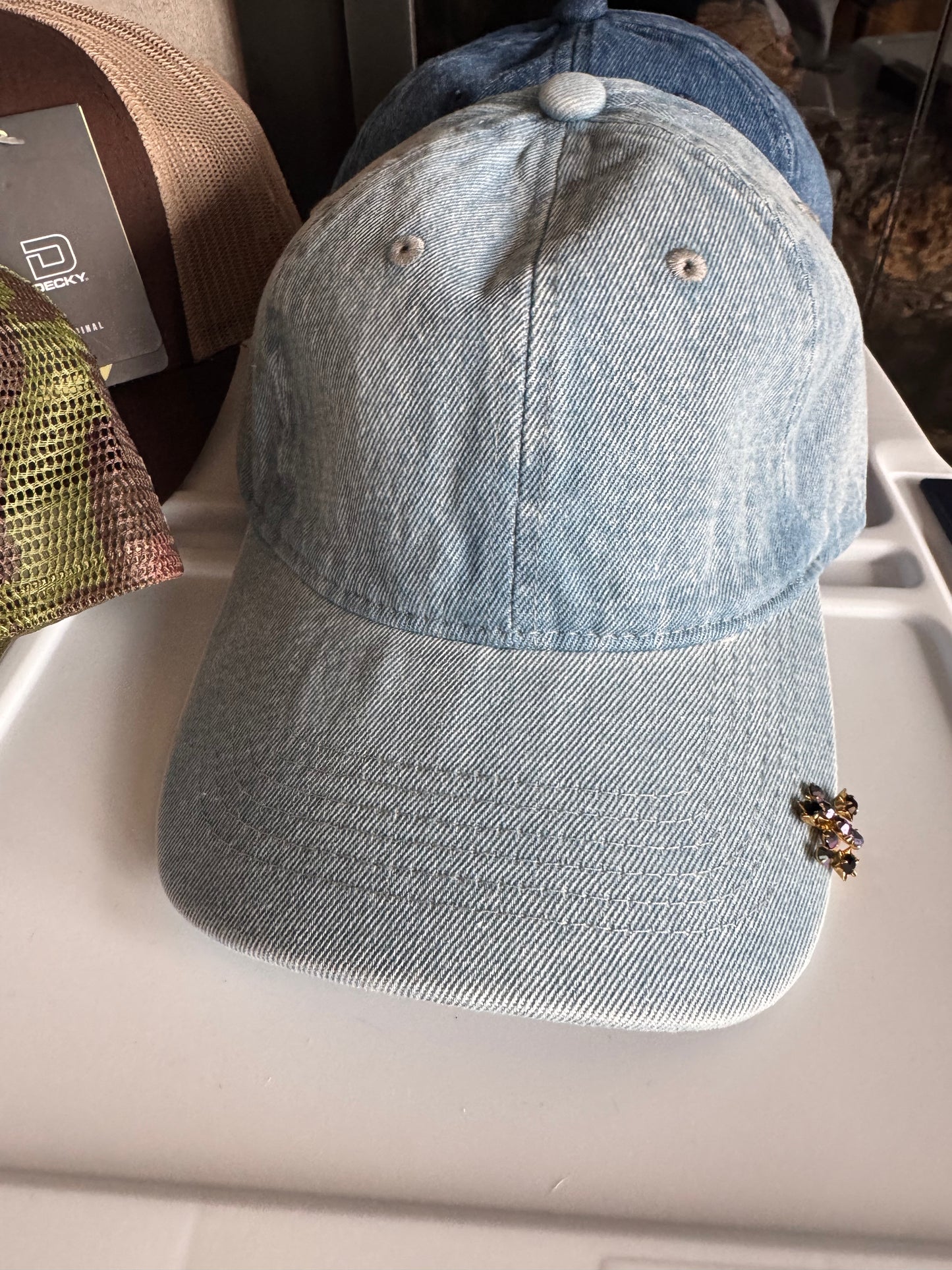 Light Blue Denim Baseball with Blue crystal pin