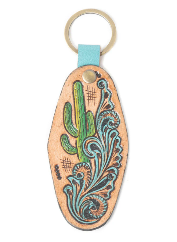 Sonora Bloom Embossed Key Fob in Cactus Green and Brown