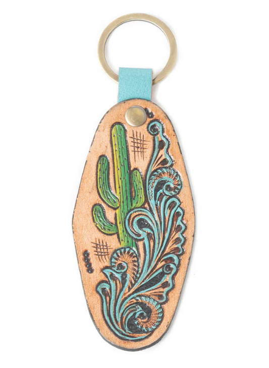 Sonora Bloom Embossed Key Fob in Cactus Green and Brown
