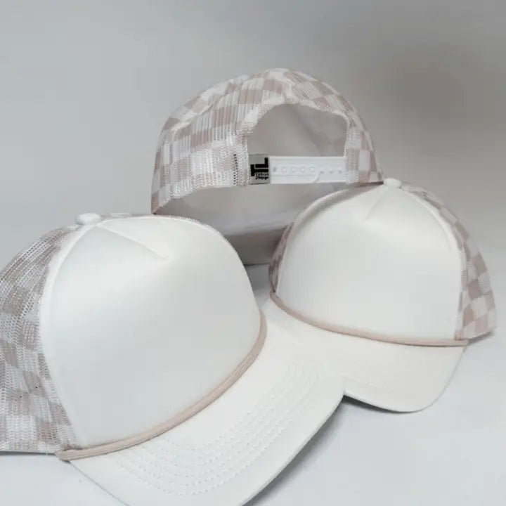 Beige Neutral Checkered Foam Trucker Hat