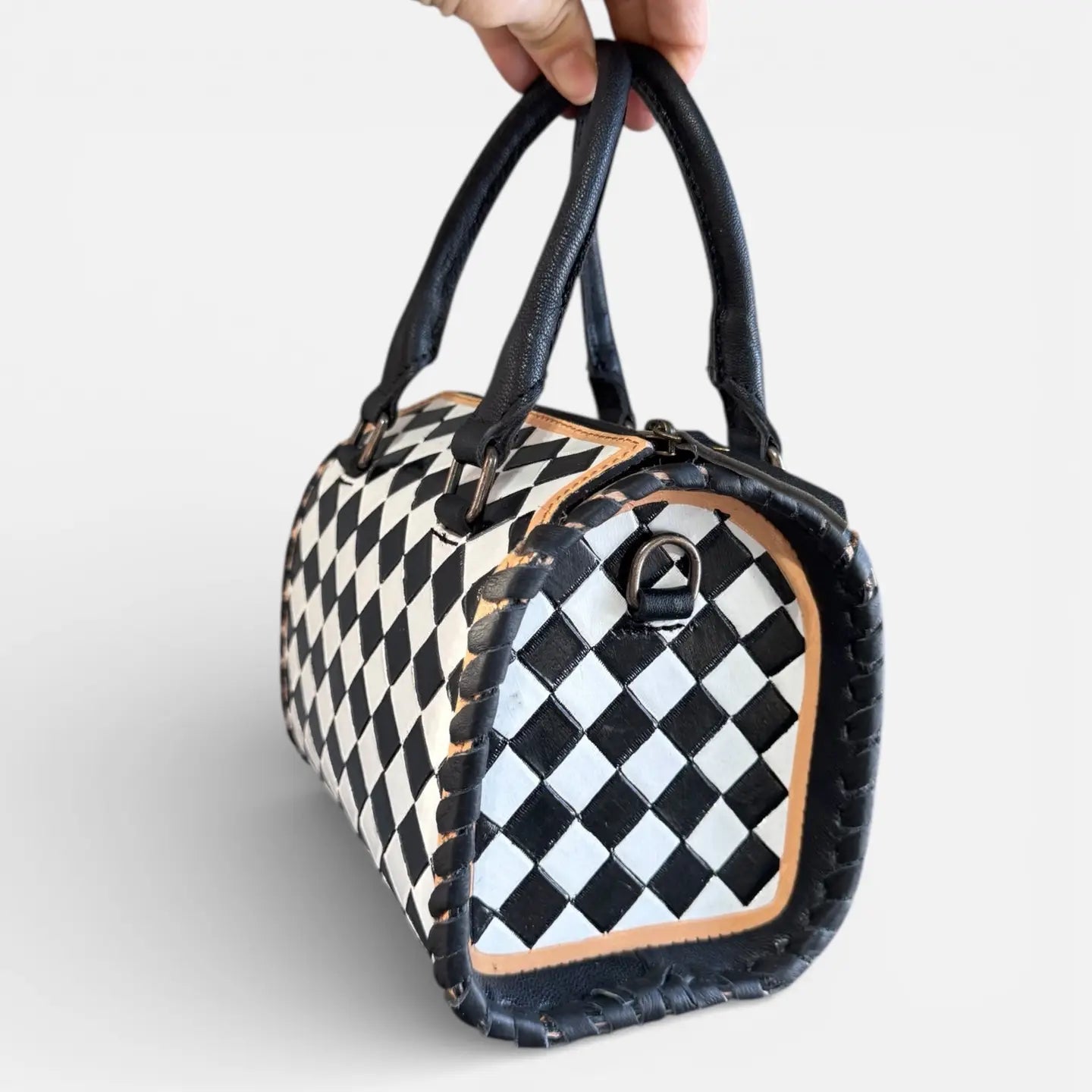 Black and White Checkered Genuine Leather Purse/Handbag